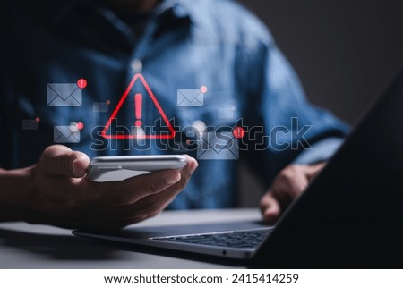 Email Spam concept. Person use smartphone with virtual screen of Spam email notification,  warning notification and spam message.