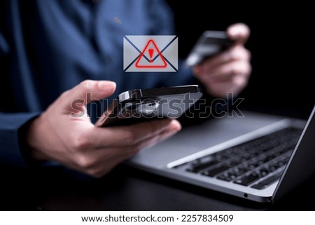 Email Spam icon. Spam link on mobile. Icon Email virus on smartphone virtual screen hologram technology theme, hacker, fake link, fishing hack.