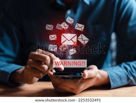 Email spam virus warning caution sign for notification on internet letter security protect, junk and trash mail, Cybersecurity vulnerability, data breach, illegal connection, compromised information.