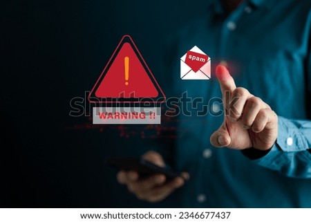 Email spam virus warning caution sign for notification on internet letter security protect, junk and trash mail, Cybersecurity vulnerability, data breach, illegal connection, compromised information