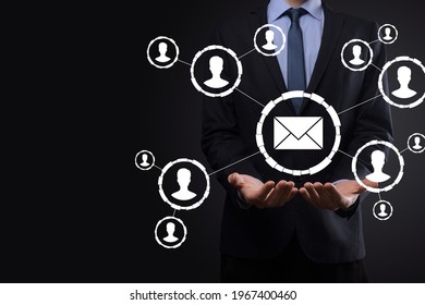 Email And User Icon,sign,symbol Marketing Or Newsletter Concept, Diagram.Sending Email.Bulk Mail.Email And Sms Marketing Concept. Scheme Of Direct Sales In Business. List Of Clients For Mailing