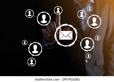 Email And User Icon,sign,symbol Marketing Or Newsletter Concept, Diagram.Sending Email.Bulk Mail.Email And Sms Marketing Concept. Scheme Of Direct Sales In Business. List Of Clients For Mailing