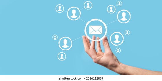 Email And User Icon,sign,symbol Marketing Or Newsletter Concept, Diagram.Sending Email.Bulk Mail.Email And Sms Marketing Concept. Scheme Of Direct Sales In Business. List Of Clients For Mailing