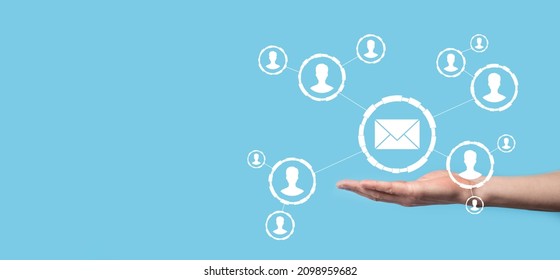 Email And User Icon,sign,symbol Marketing Or Newsletter Concept, Diagram.Sending Email.Bulk Mail.Email And Sms Marketing Concept. Scheme Of Direct Sales In Business. List Of Clients For Mailing