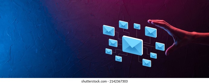 Email and user icon,sign,symbol marketing or newsletter concept, diagram.Sending email.Bulk mail.Email and sms marketing concept. Scheme of direct sales in business. List of clients for mailing - Shutterstock ID 2142367303