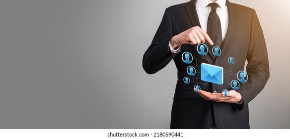 Email and user icon,sign,symbol marketing or newsletter concept, diagram.Sending email.Bulk mail.Email and sms marketing concept. Scheme of direct sales in business. List of clients for mailing - Shutterstock ID 2180590441