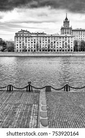 Embankment of the Moskva River. Black and white photography. Russia. A view of the Frunzenskaya embankment from the side of Gorky Park.