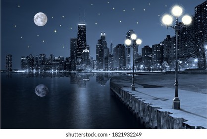 Embankment of the night city - photo for interior design. Wall murals. Lights on the embankment at night. Night moon over the city