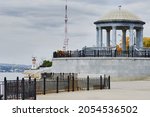 Embankment on the Amur River. Rotunda and balustrade. Lighthouse and TV tower. Autumn morning. Blagoveshchensk, Russia.
