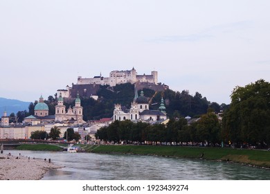 Embankment Of The Salzach River In Salzburg, Austria