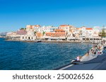embankment and venetian habour with  Turkish Mosque Yiali Tzami of Chania, Crete, Greece