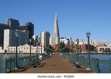 Embarcadero and Transamerica building seen from Pier 7, San Francisco.
