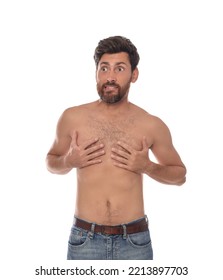 Embarrassed Man Covering Chest With Hands On White Background
