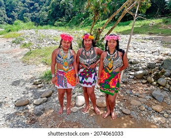 EMBERA, PANAMA-11.06.2021: Young girls of the Embera tribe dressed in their traditional way. They're indigenous people who live in Panama (in Choco region) and Colombia, in Central and South America. 