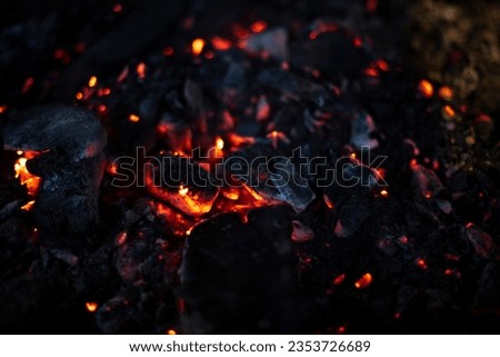 Embers burn in hearth. Hot coals for frying meat. Burnt wood texture. Hot Item.