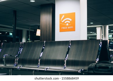 Emblem Of Free Wifi On A Column In An Empty Airport Terminal