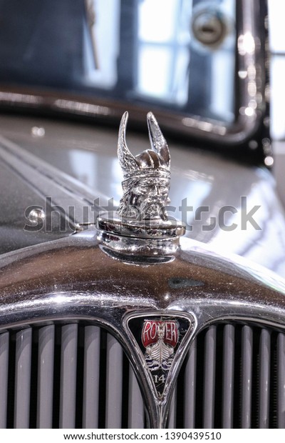 Emblem on the\
hood of a car Rover, England. Museum of retro cars, st.Majke\
Jevrosime 30, Belgrade, Serbia. May 4,\
2018