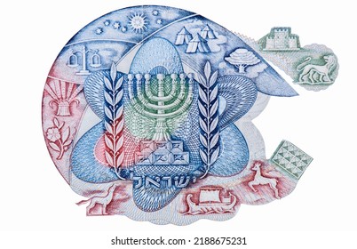 Emblem of the State of Israel surrounded by the emblems of the twelve tribes of Israel, Portrait from Israel 100 Lirot 1965 Banknotes.