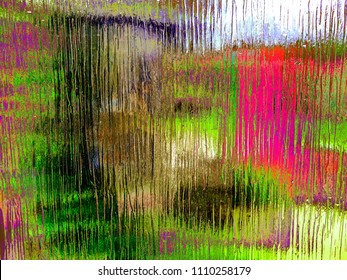 An Embossed Opaque Glass Window Showing An Obscure Colourful Blurred Garden And Sky Background.