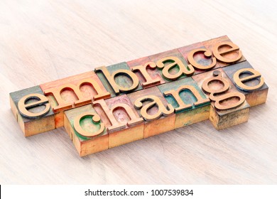embrace change word abstract in letterprtess wood type blocks stained by color inks