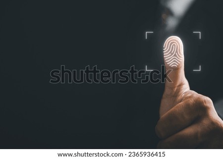 Embrace future of security with thumbs up and virtual fingerprint scan. Biometric identity verification and access password for robust technology security system. Protect your information.
