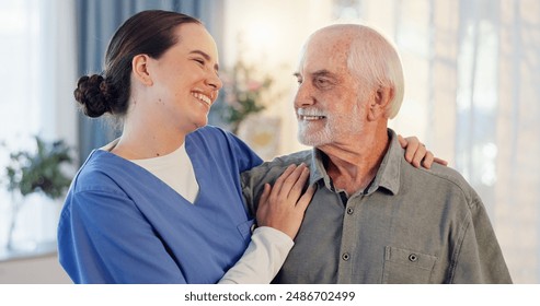 Embrace, senior man and nurse with hug, caring and medical assistance for patient in retirement. Nursing home, old person and caregiver for support, recovery and trust with happiness for bonding - Powered by Shutterstock