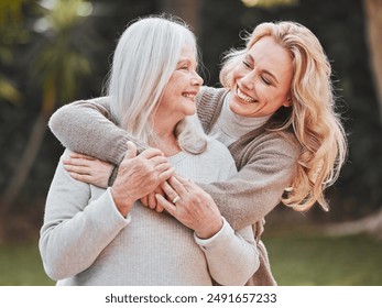 Embrace, woman and senior mom in garden with smile, pride and gratitude in outdoor bonding together. Happy family, generation and elderly mother with daughter in backyard for hug, support and love - Powered by Shutterstock