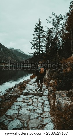Embraced by nature's tapestry, a solitary traveler navigates the rocky path, amidst the grandeur of mountains and the serenity of the forest. Moody. Morskie Oko, Tatra National Park, Zakopane, Poland