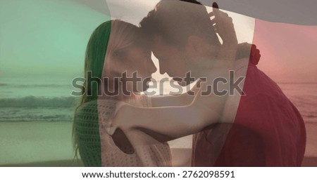 Embracing couple drawing closer while sun lowering at beach with knit top, shirt, tricolor overlay. Romance, intimacy, hug, silhouette, sunset, horizon, ocean