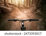 Embracing Freedom on Forest Trails with Mountain bike with air suspension fork. Bike POV handlebar.