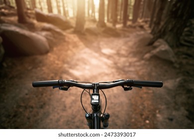 Embracing Freedom on Forest Trails with Mountain bike with air suspension fork. Bike POV handlebar. - Powered by Shutterstock