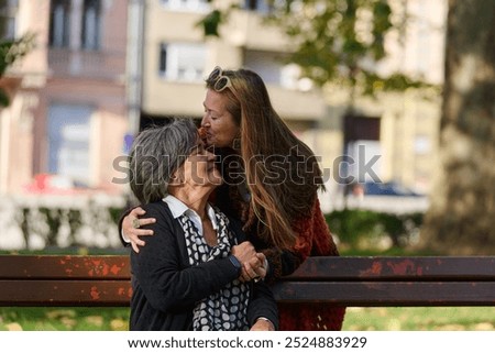 Similar – Image, Stock Photo two sisters laugh heartily on the street