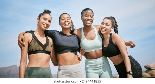 Embracing, sports and woman friends on beach together for bonding, exercise or team building. Hug, support and unity with group of fitness people outdoor on coast for physical training or workout - Powered by Shutterstock