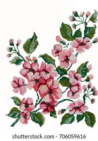 embroidered apple flowers white fabric  embroidered national ornament  Ukrainian folk cross  stitch