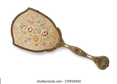 Embroidered Back Of Antique Vintage Hand Mirror, Isolated On White.