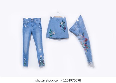 Embroidered Floral Skirt With Floral Jeans Isolated


