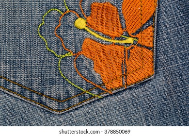 Embroidered  Flower Hibiscus On Denim Jeans Pocket , Close Up 