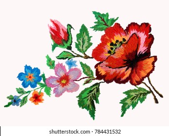 embroidered flowers isolated white background  embroidered poppy flower  Ukrainian hand embroidery