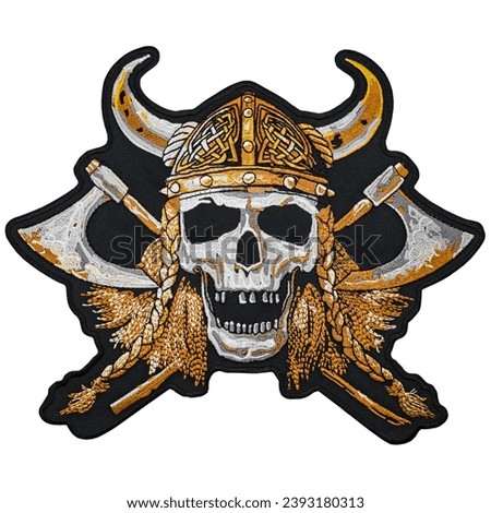 Embroidered patch depicting a skeleton, skull, death. Accessory for metalheads, punks, rockers, bikers, satanists, emo, street aggressive subcultures. Mjolnir. Viking Style