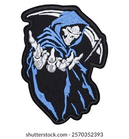 Embroidered patch featuring the grim reaper with a scythe, dressed in a blue robe. Perfect for adding a dark, mysterious touch to jackets, bags, and other accessories. High-quality embroidery