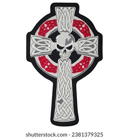 Embroidered patch with the image of celtic cross and skull. Skeleton reaper. Accessory for rockers, bikers, metalheads and punks. Occult symbolism.