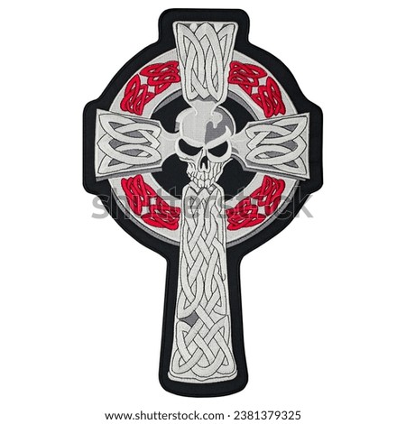 Embroidered patch with the image of celtic cross and skull. Skeleton reaper. Accessory for rockers, bikers, metalheads and punks. Occult symbolism.