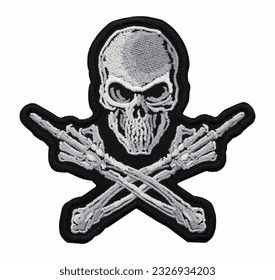 Embroidered patch with a skull and two skeleton arms with a middle finger sign. Jolly Roger. Accessory for rockers, bikers, metalheads and punks.
