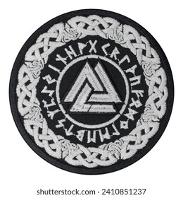 Embroidered patch Valknut in a runic circle, Futhark. Viking style. Asatru. Odin. Accessory for metalheads, punks, rockers, bikers, satanists, emo, street aggressive subcultures.	