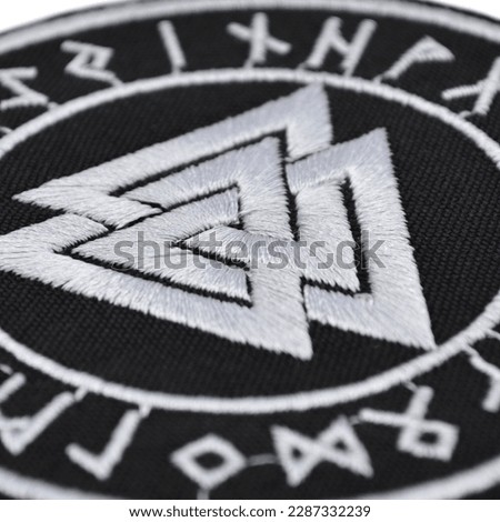 
Embroidered patch with valknut. Scandinavian mythology, Vikings, Nordic tradition. Accessory for metalheads, punks, rockers, bikers, satanists, emo, street aggressive subcultures.