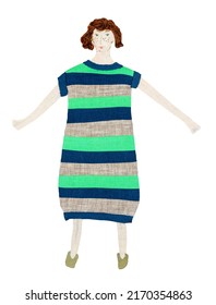 Embroidered Patchwork Woman In Striped Dress Cutout On White Background