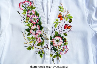 Embroidered Pink Flowers On A White Blouse, Ukrainian Folk Embroidery, Clothing Decor