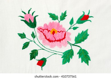 Embroidered Pink And Red Flowers