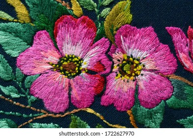 Embroidered Purple Flowers On Black Fabric, Ukrainian Folk Embroidery, Clothing Fabric Decor