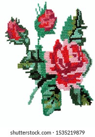   embroidered red roses isolated white background                             